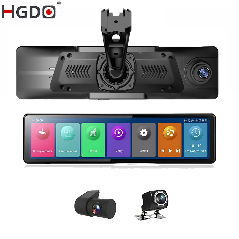 HGDO 3 Cameras Dash Cam 2.5K Android Auto CarPlay DVRS GPS NAVI WIFI Rear View Mirror Black Video BOX Recorder 24H Monitor