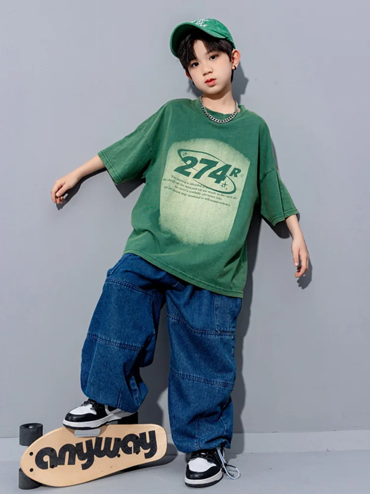 

Boys Hip Hop Clothing Sets Green T Shirt Tops Jeans Cargo Jogger Denim Pants for Kids Jazz Dance Costume Clothes