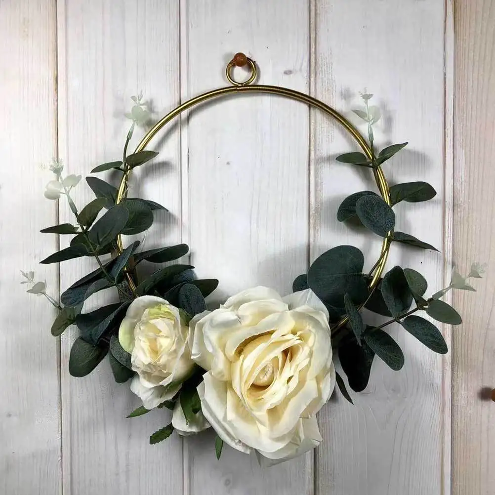 

Iron Flower Wreath Hanging Pendant White Round Mini Rose Rustic Wall Hanging Ornament for Weddings Parties Flower Wreath