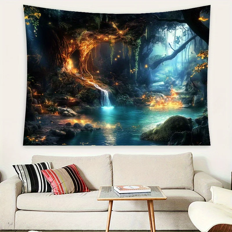 1pc Extra Large Fantasy Tree Cave Plant Landscape Tapestry - Enchanting Polyester Wall Hanging with Glowing Roots & Misty Falls,