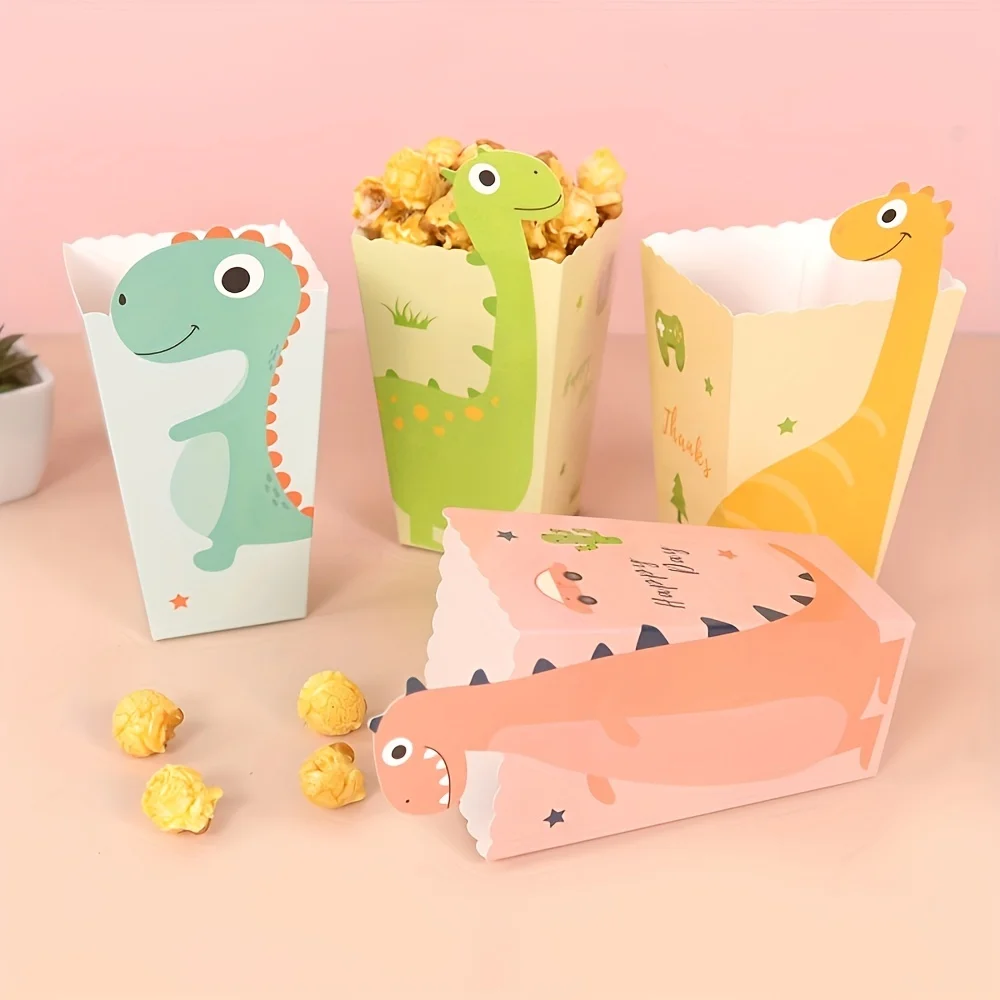 12pcs Cartoon Dinosaur Popcorn Box Candy Biscuit Packaging Bag For Birthday Party Decoration Cookie Animal Boxes Easter Gift