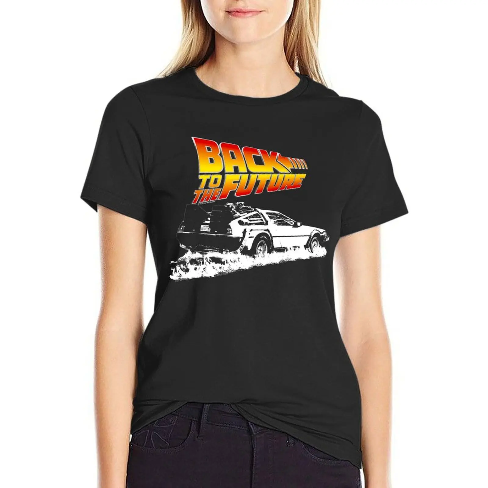 

Back to the Future - DeLorean Fire Tracks White Stencil Fan Art T-Shirt blanks western t shirts for Women