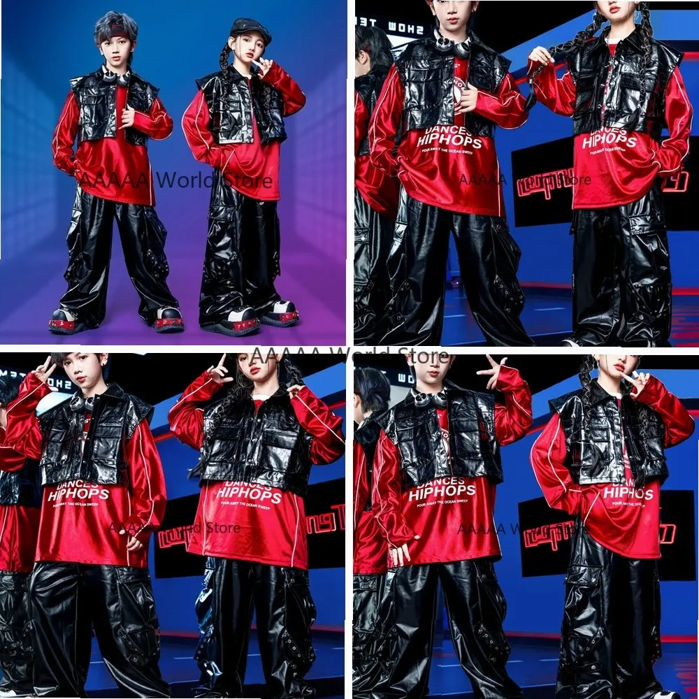 

Cosplay Girls Hip Hop Dance Costume Red T-Shirt Black Vest Loose Pants Jazz Stage Performance Rave Outfit