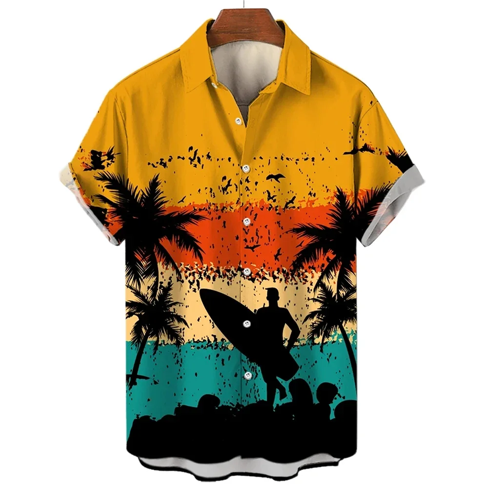 Camisas de manga corta para hombre y mujer, Tops con estampado de patrón de atardecer Hawaiano a la moda, camisas informales con botones