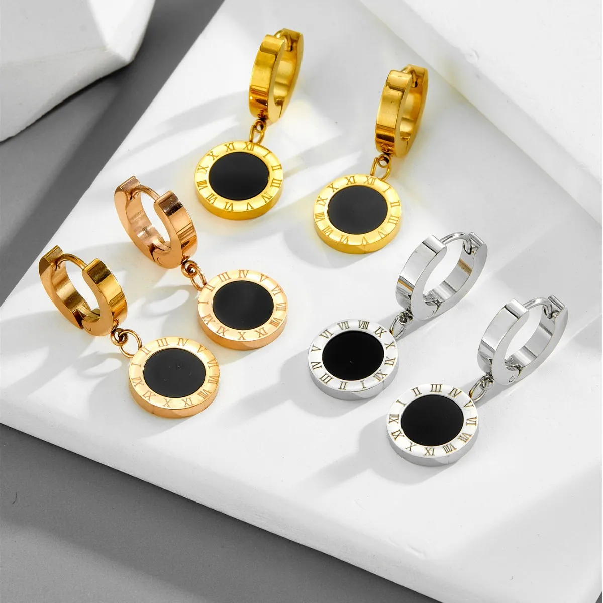 MHS.SUN Stainless Steel Roman Numerals Drop Earrings Fashion Gold Plated Round Earring Temperament Jewelry For Women Girl