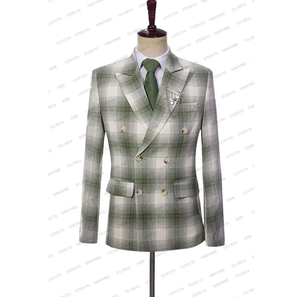 2023 New Customized Men's Linen Set Green and White Classic Plaid Slim Fit Popular Wedding Groomsman Tailcoat 2 Pcs Jacket Pants