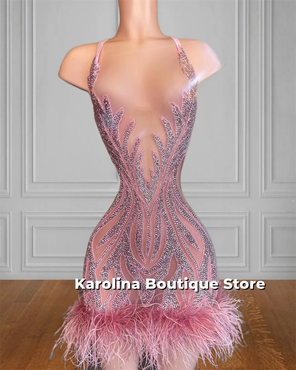 Soft Pink Halter Beaded Rhinestones Short Prom Dresses Ostrich Feathers Mesh Mini Cocktail Dress Homecoming Gown For Customized