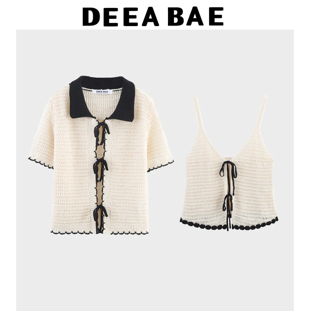 

DEEABAE Summer New Women's Clothing Color Blocking Decorative Layer Short Sleeved Crochet Polo Shirt Collar Simple Casual Top