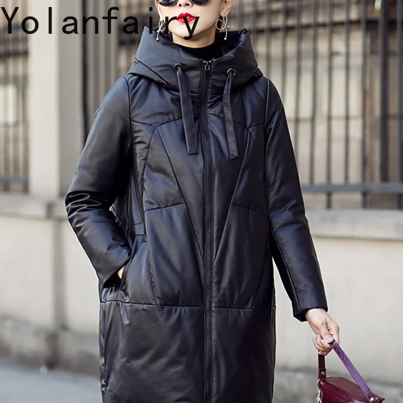 YOLANFAIRY-Combinaison longue à capuche en cuir véritable pour femme, peau de mouton, vêtements d\'extérieur, nouvelle mode, hiver