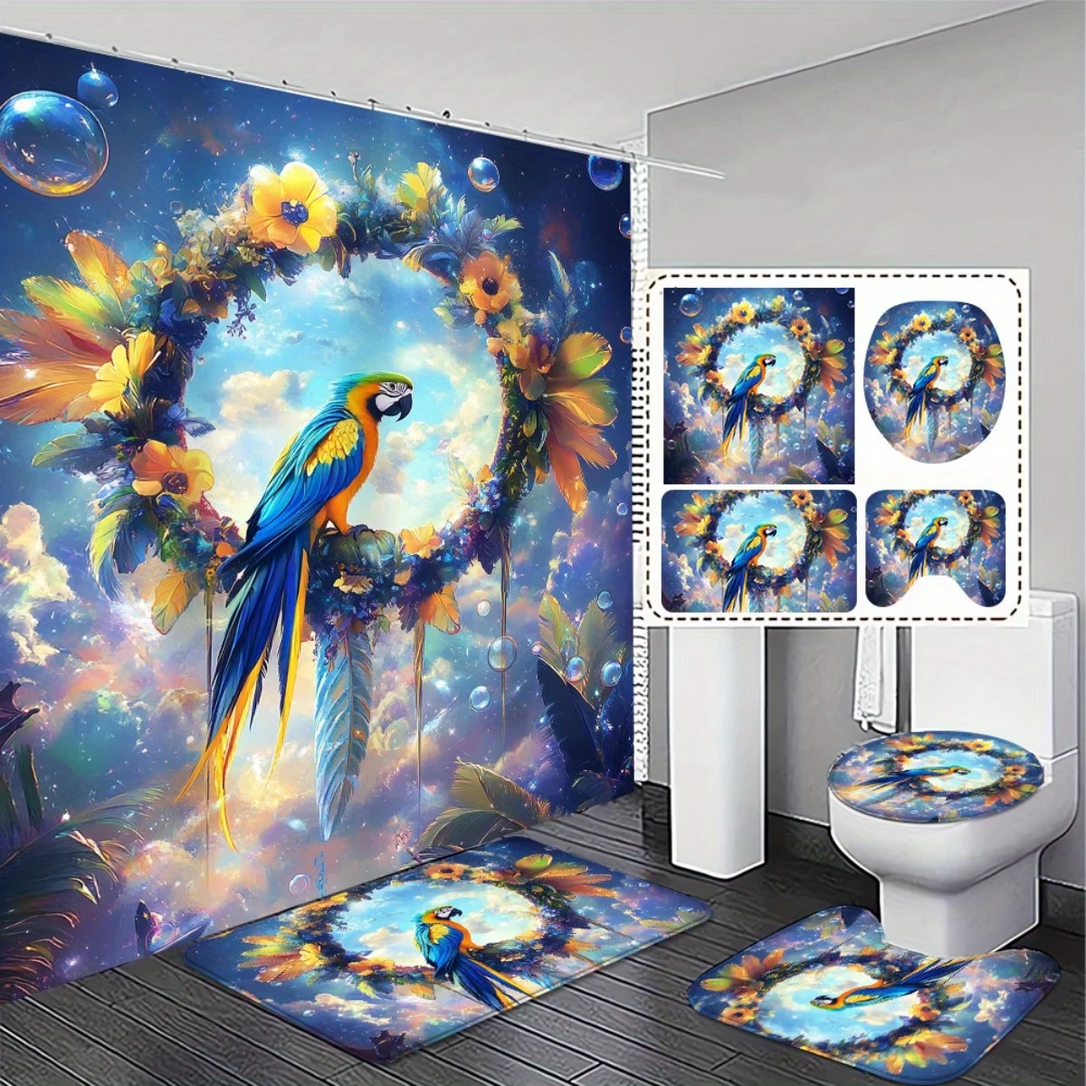 

4 шт. Свежая и удобная современная высококачественная занавеска для душа с подходящим набором нескользящих ковриков для ванной - яркий дизайн с попугаем