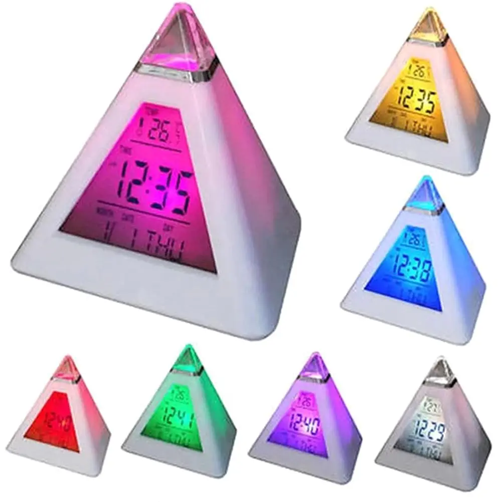 New Digital LED Alarm Clock Pyramid Shape Digital Led Alarm Clock Time Date Temperature Display 7 Colors Changing Night Light