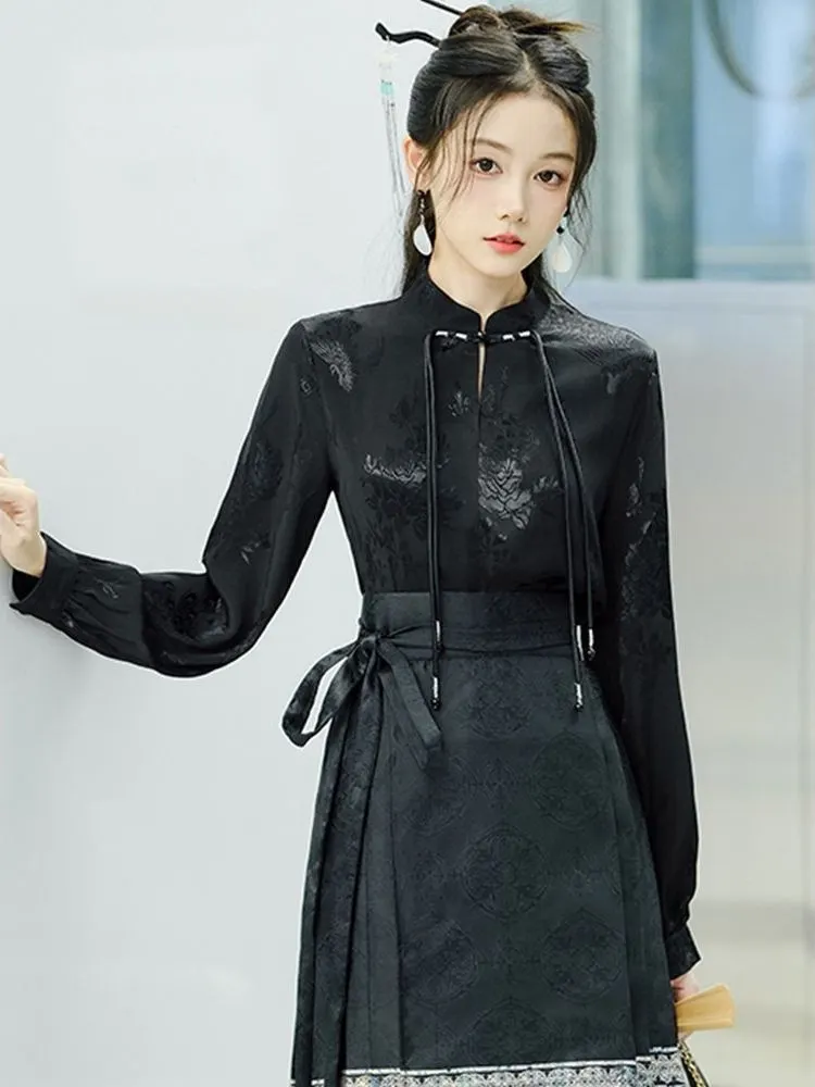 

Женская блузка с длинным рукавом и воротником-стойкой на пуговицах, в комплекте с юбкой с завязками, черная, весна-осень