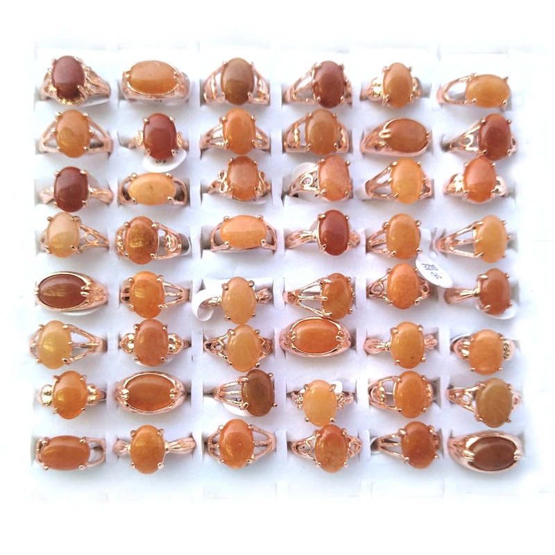 Mixed Lot Rose Gold Plated Yellow Semi Precious Natural Stone Rings 50pcs/lot For Women