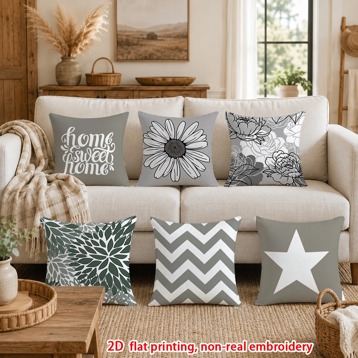 6pcs  Set of 6 Modern Neutral Tone Decorative Throw Pillow Covers with Floral Star Chevron Home Sweet Home Designs for SofaCouch