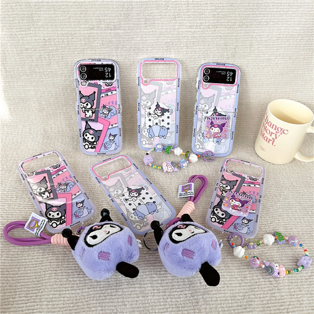 Cartoon Cute Kuromi Bring Support Phone Case for Samsung Galaxy Z Flip 3 4 Z Flip 5 6 5G PC Hard Anti-drop Back Cover Funda