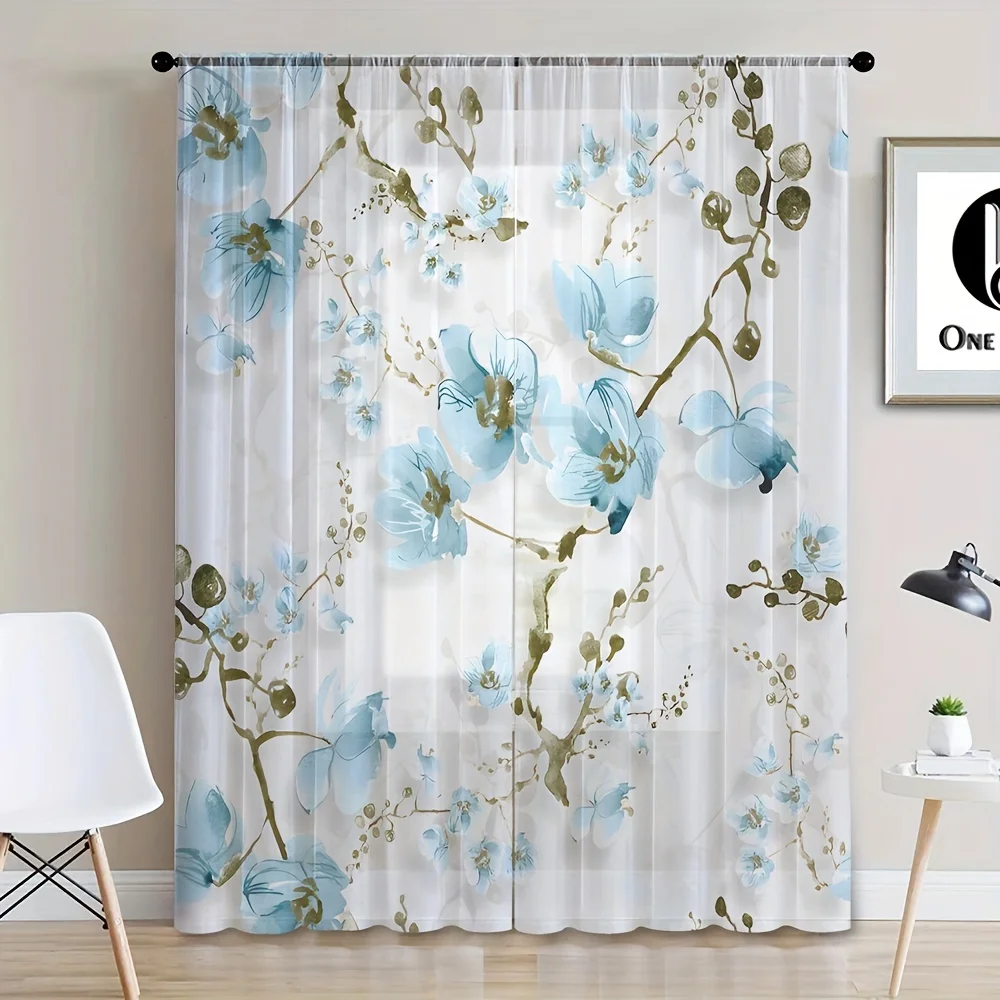 

Glam Floral Rod Pocket Curtain Panels Set of 2 Polyester Sheer Window Curtains for Living Room Decorative Flower Pattern Door