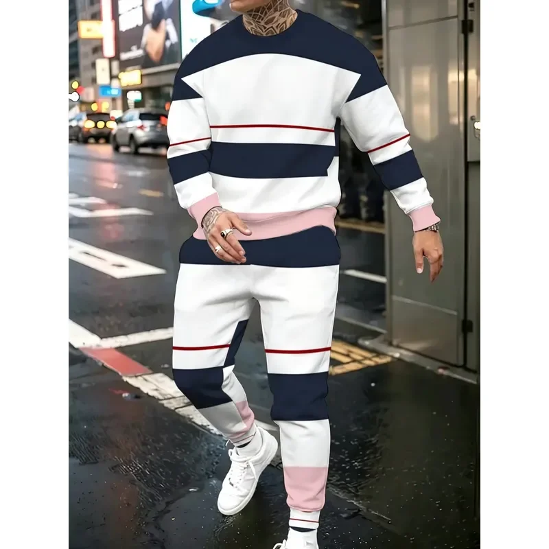 Men Round Neck Sweater Set 3D Striped Pattern Printed Casual Easy Matching Street Fashion Autumn Winter New Style Clothing