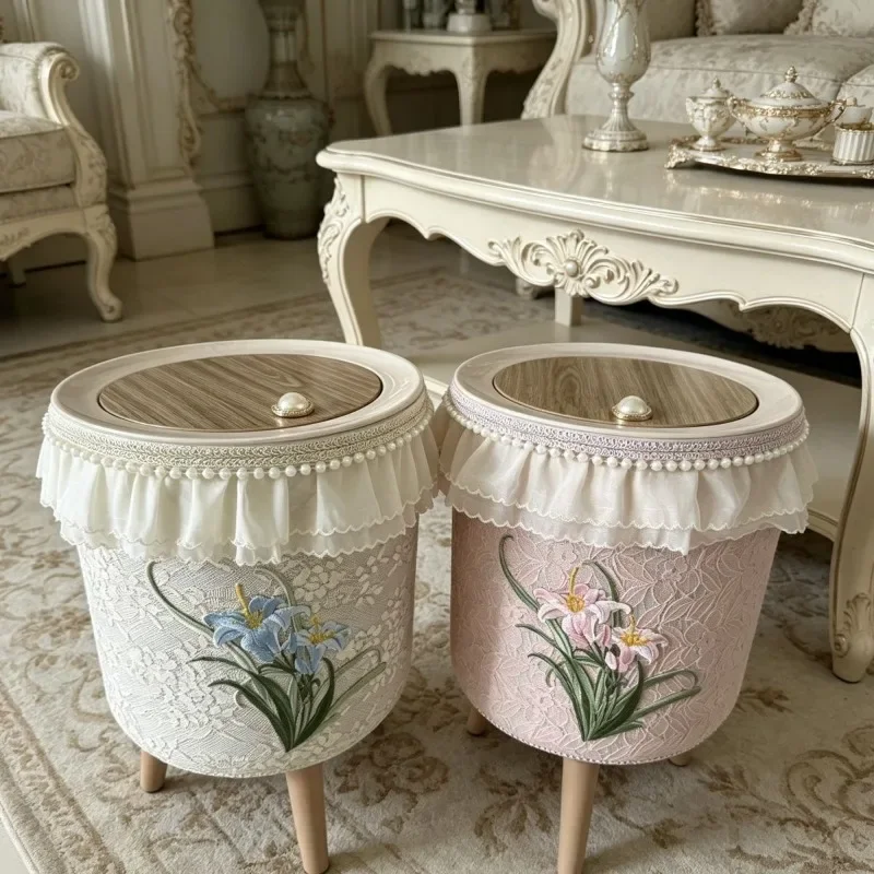 Lace Trash Can High Foot Trash Bin with Lid Luxury Cute Large Capacity Wastebasket Living Room Bedroom Storage Garbage Bins