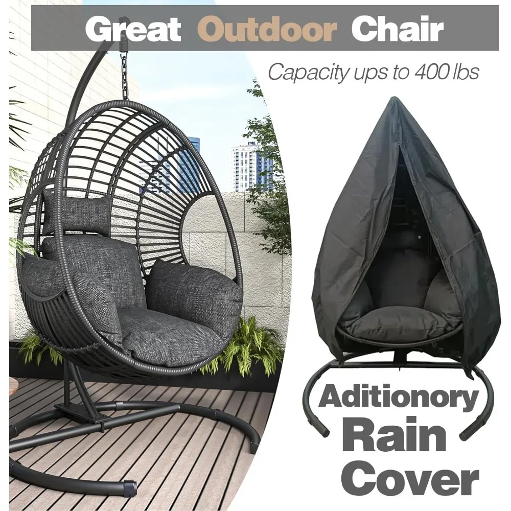 Egg Chair Outdoor Wicker Swing Chair with Stand Rain Cover UV Resistant Cushion 400lbs Capacity for Patio, Garden and Balcony