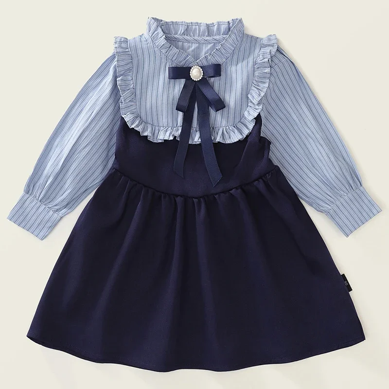 

Spring Autumn Kids Clothes Girls Korean Fashion Cute Bow Long Sleeve Stripe Baby Princess Birthday Dress Luxury Dresses BC1522
