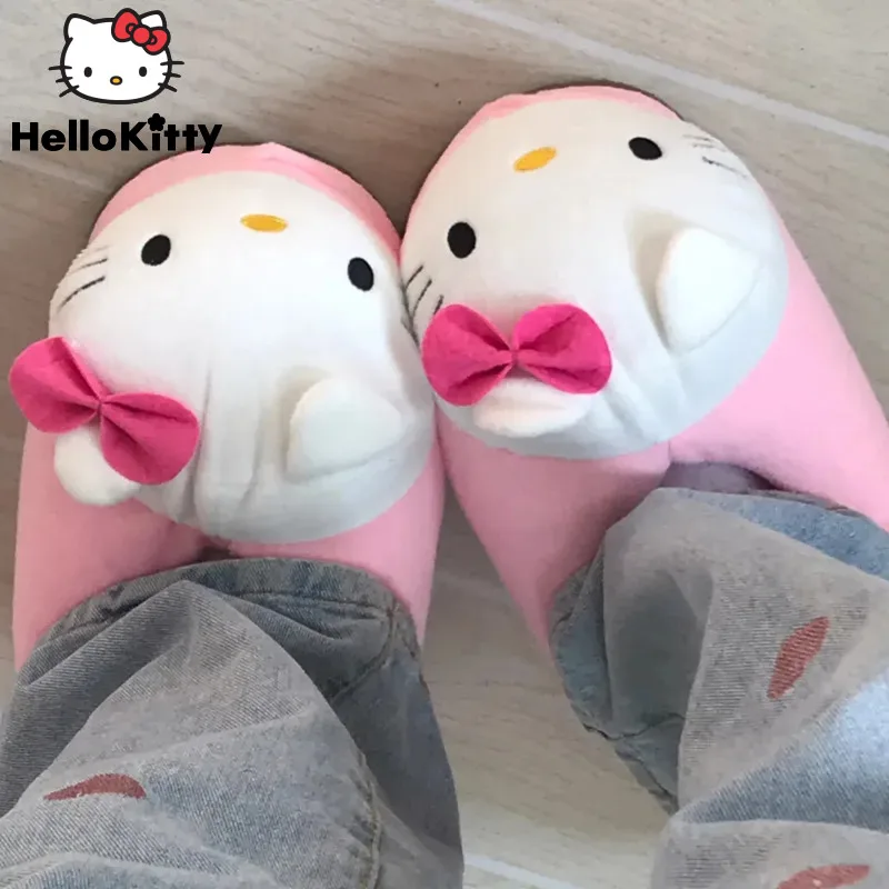 Sanrio Hello Kitty Big Head Home Cotton Shoes Women Cartoon Plush Kawaii Flat Shoes Y2k Pink Fuzzy Slippers Luxury Design Shoes