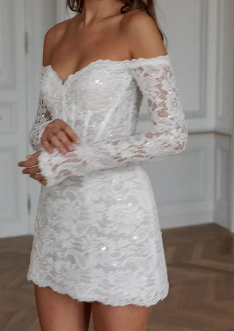 2024 Sexy Off The Shoulder Long Sleeves Full Lace Applique Short Mini Wedding Dresses Custom Made Formal Bridal Grown