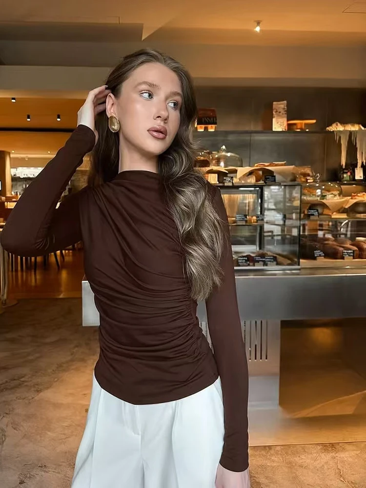 Camiseta larga plisada ajustada Sve Faionable Casual Base irt Top de Color de tela de poliéster de otoño para mujer