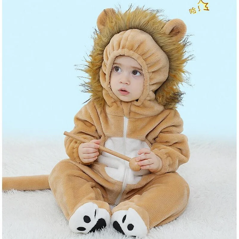 Winter Infant Romper Baby Boys Girls Flannel Cartoon Animal Lion Jumpsuit New Born Clothing Hooded Toddler Cute Baby Costume