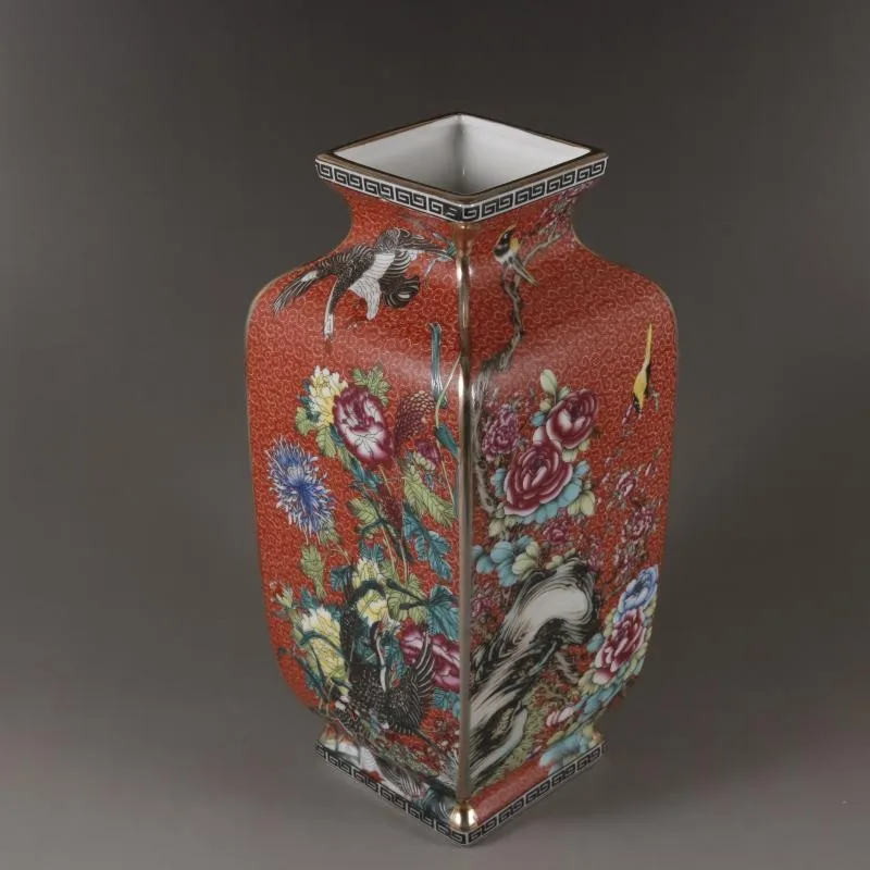 10.0 inch Chinese Qing Qianlong Red Enamel Porcelain Flowers Birds Design Vase