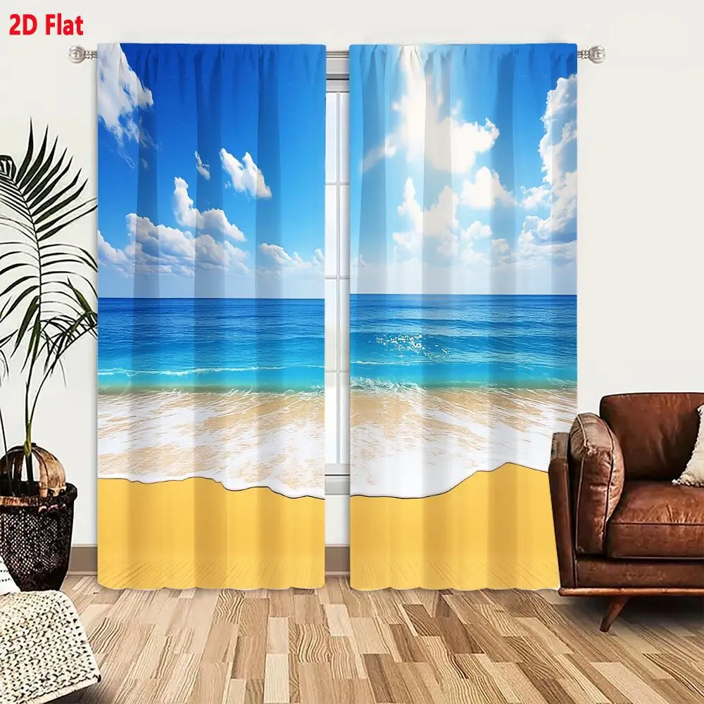 2Pcs Curtains 2D Flat Serene Beach Scene With Golden Sand Turquoise Ocean And Blue Sky Window Drapes for Bedroom Room Decor Deco