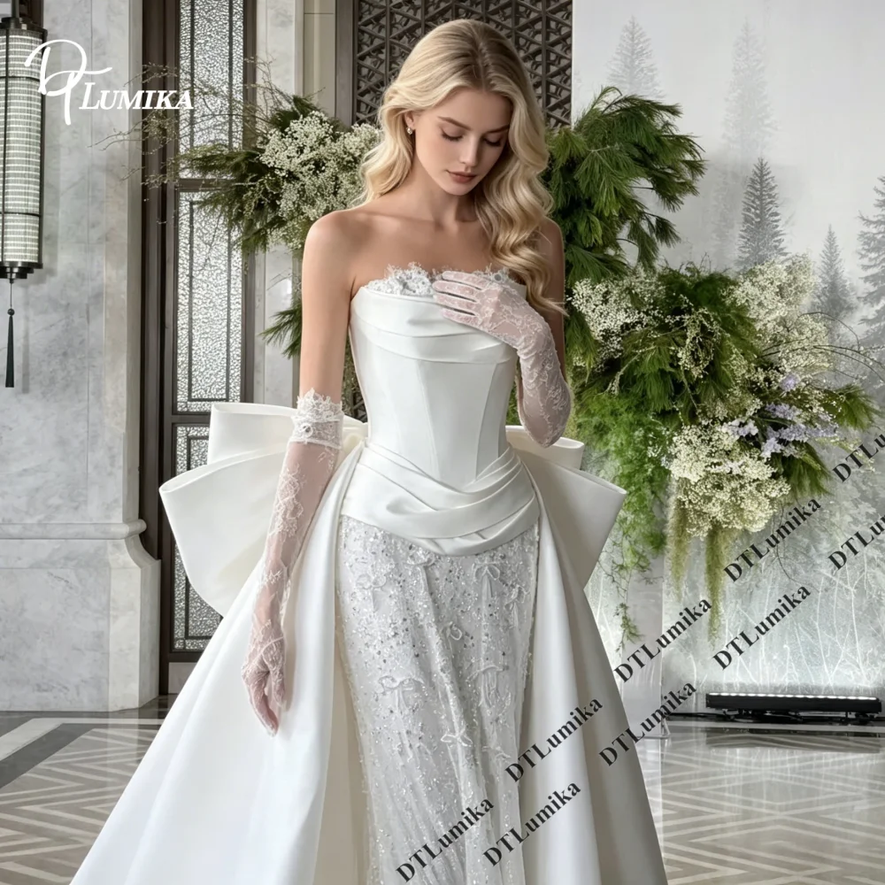 DTLumika Strapless Fold Satin Mermaid Wedding Dress Customized Big Bow Overskirt Lace Bridal Gown Modern Romantic Bride Dresses