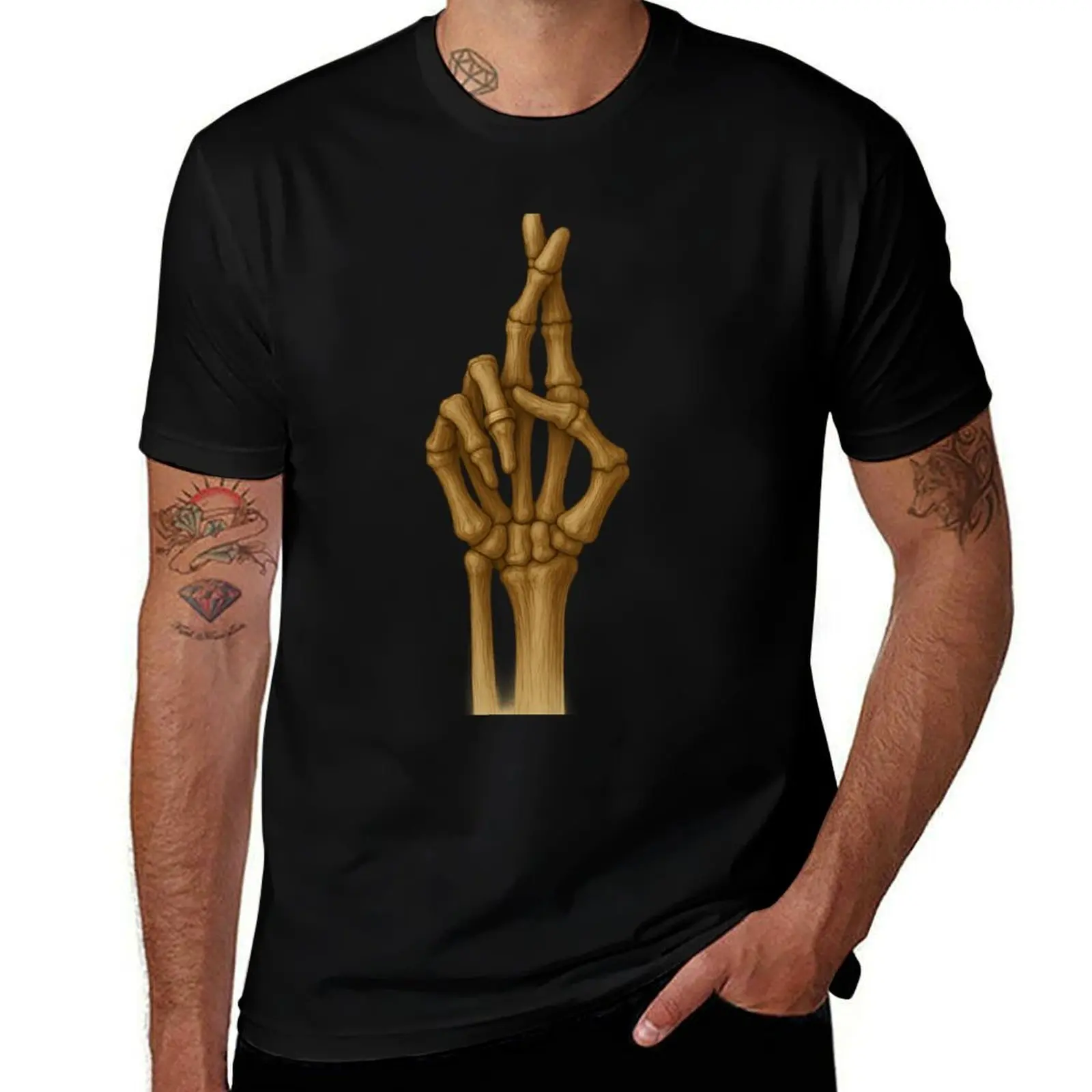 

Skeleton Fingers Crossed – Lucky Bone Hand with Gold Ring Art T-Shirt new edition hippie clothes mens graphic t-shirts anime