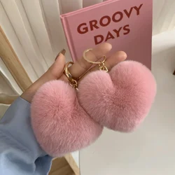 Fluffy Real Rex Rabbit Fur Ball PomPom Heart Keychain Soft Genuine Fur Keychain Cute Fur Bag Charm for Women Accessories