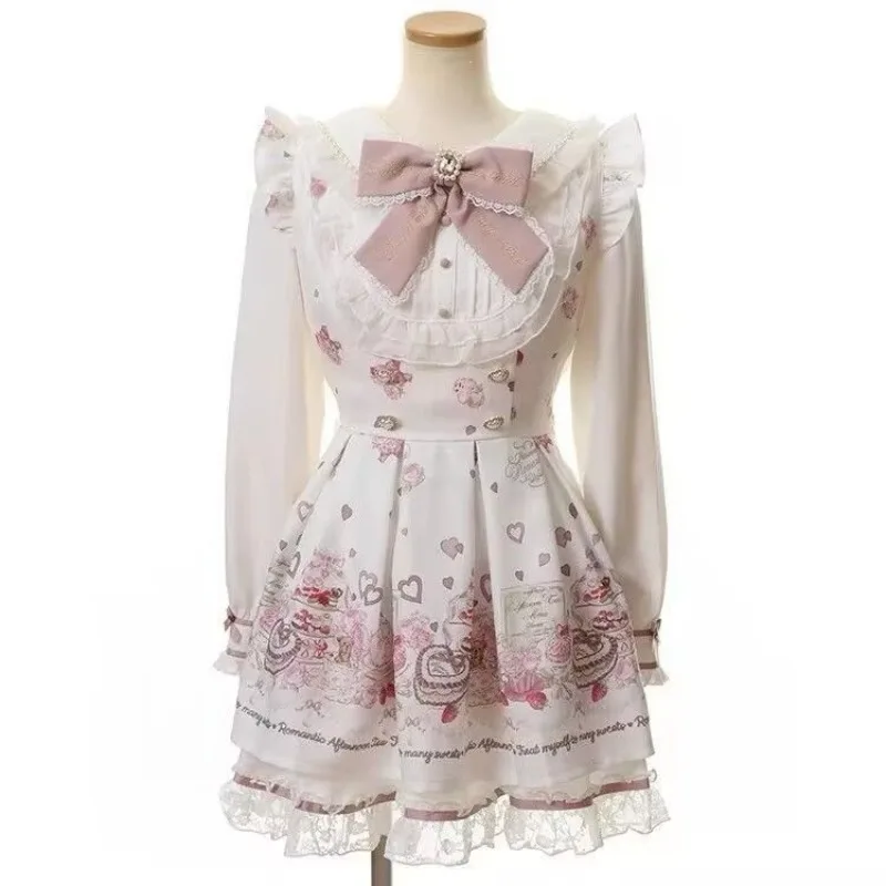 Sweet Girls Cute Lolita Dress, Sailor Collar Floral Print Bow Princess Gown, Halloween Tea Party Cosplay Costumes,Stage Show Set