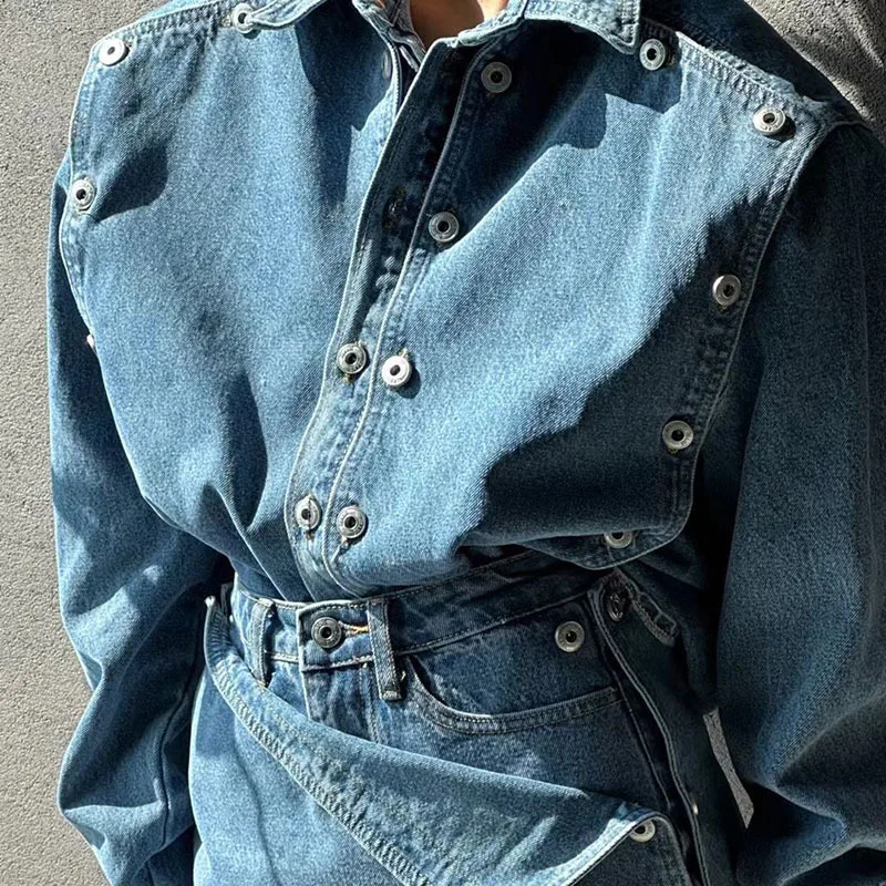 Spring Fashion Ladies 2 Pieces Set Long Sleeve Double Breasted Jean Jackets & Mini Shorts Skirt Vintage Women Denim Set