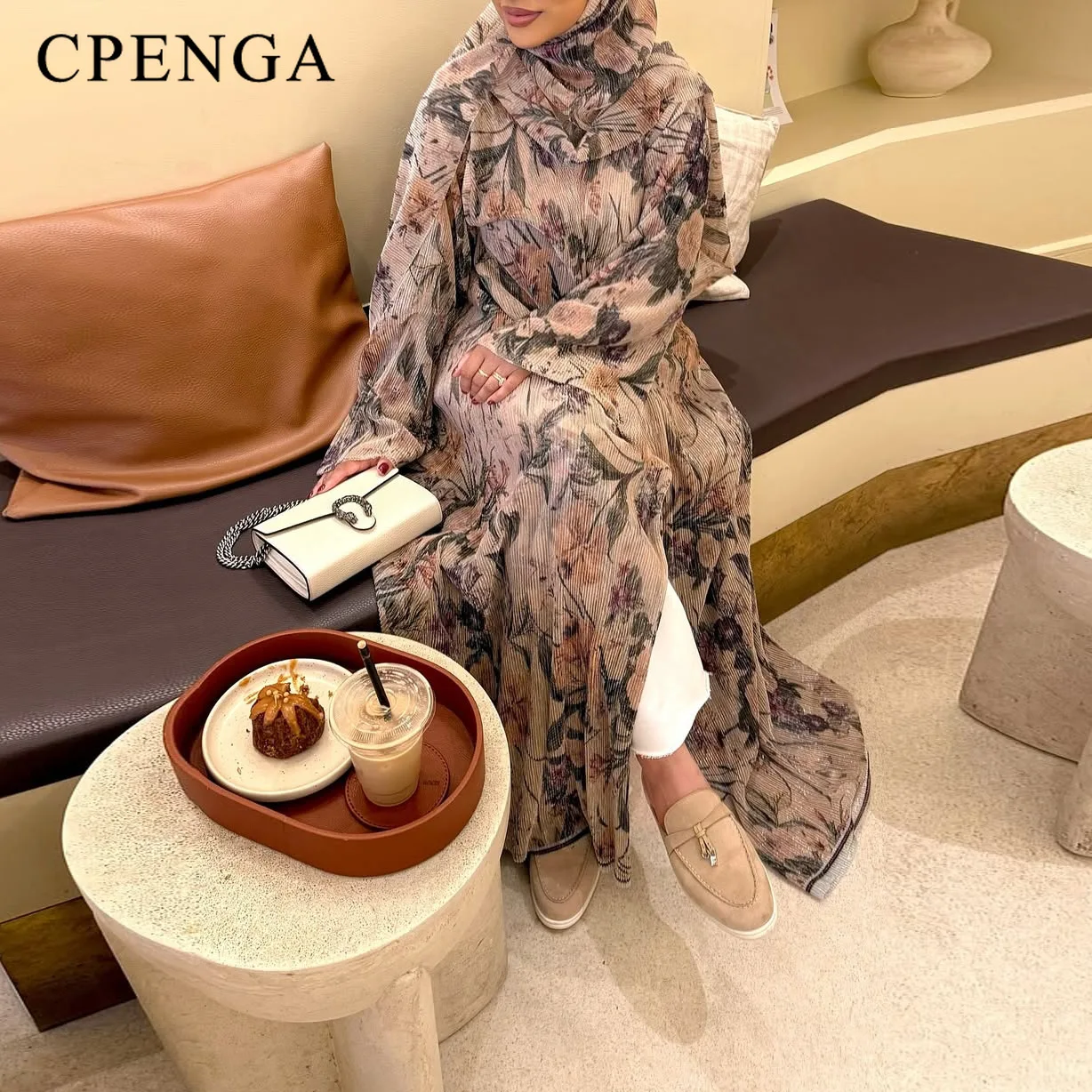 Abito Abaya Dubai stampato a pieghe Ramadan con Hijab Cardigan da donna musulmana in due pezzi Abito da vacanza islamico Caftano turco