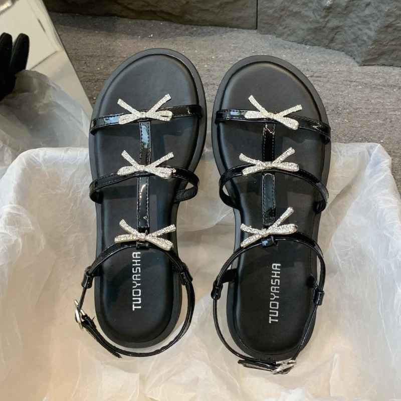 

Bow Crystal Flats Women Sandals Designer Luxury Shoes Fashion Buckle Slippers 2025 Summer Slingback Soft Shoes Comfort Sandalias