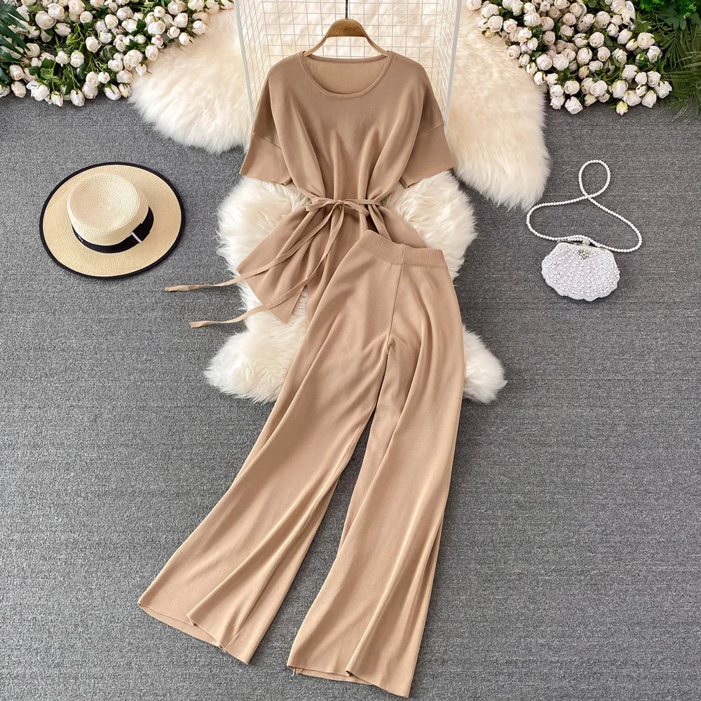 

Pants Set Women Two Piece Sets Matching Sets Short Sleeve Lace Up High Waist Irregularity Knitted Tops Wide Leg Long Pants Y2k