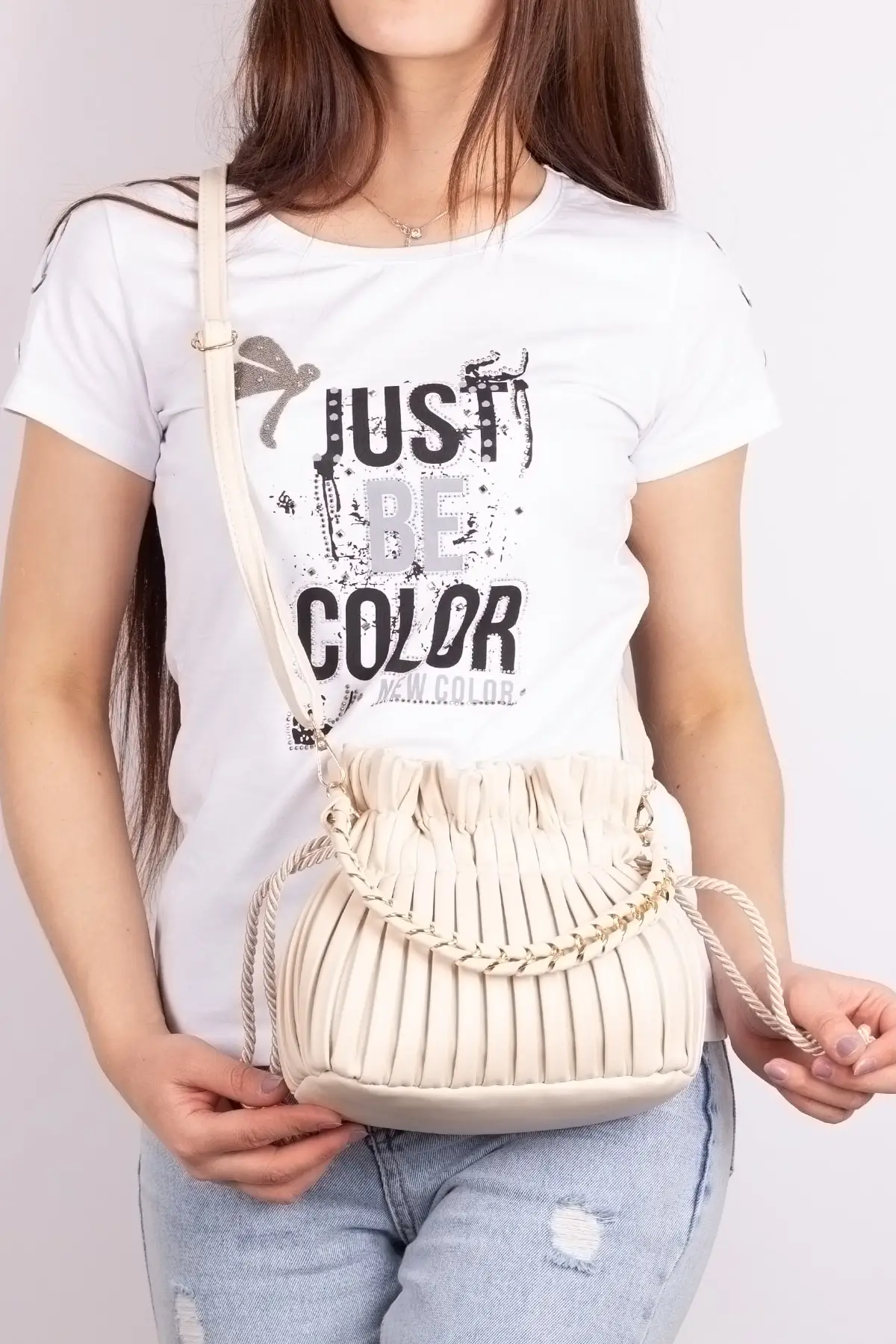 Women's Pleated Soft Leather Braid Chain Detail Pouch Hand & Shoulder Bag