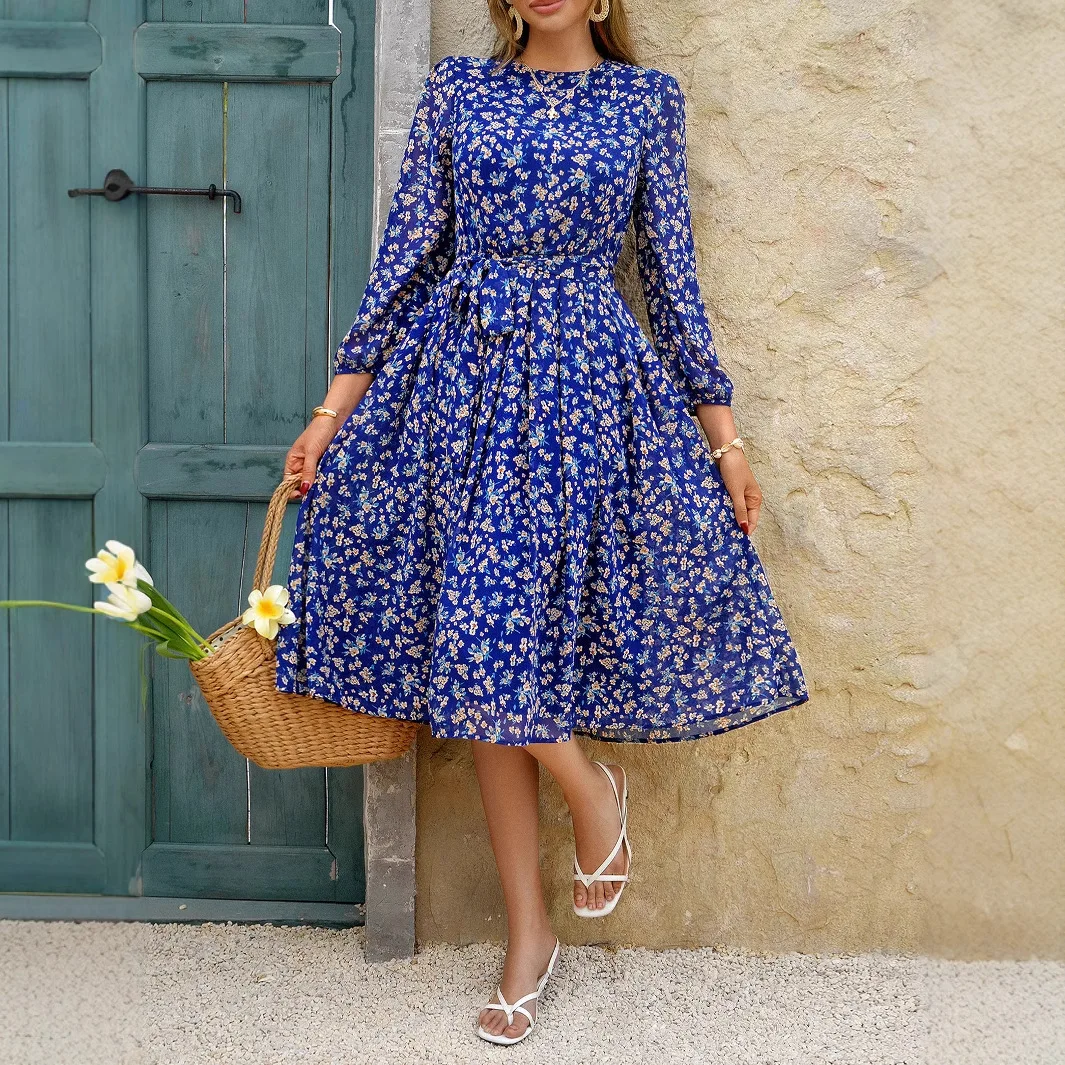 

Holiday Style Dress with Casual Printed Straps Waist Cinching Dress for Women 2025 Summer Dresses