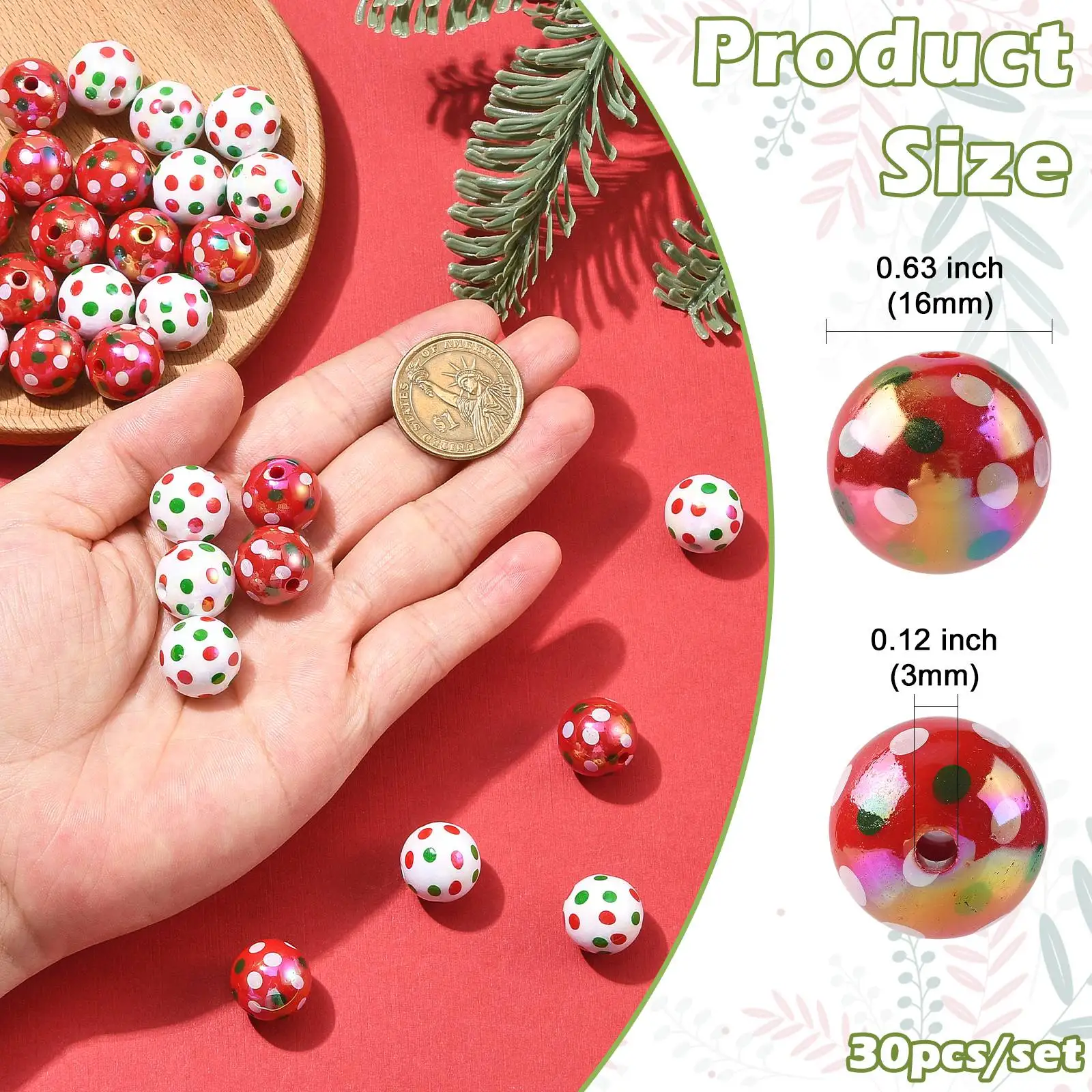 PandaHall 30 Stück UV-beschichtete, schillernde Acryl-Weihnachtsperlen, rund, gepunktet, mehrfarbig, 16 mm, für DIY-Schmuckherstellung – Detail 2