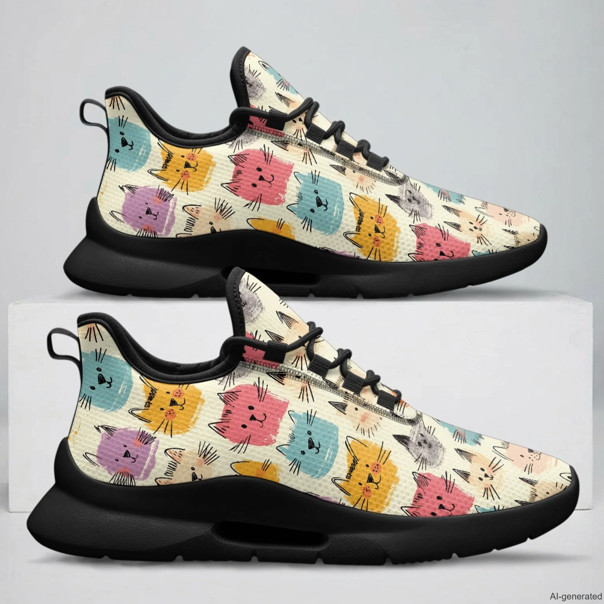 XIXIRIMIDO Lace-up Casual Shoes Men's Sneakers Breathable Mesh Walking Shoes Cat Pattern Women's Fashion Shoes 35-48
