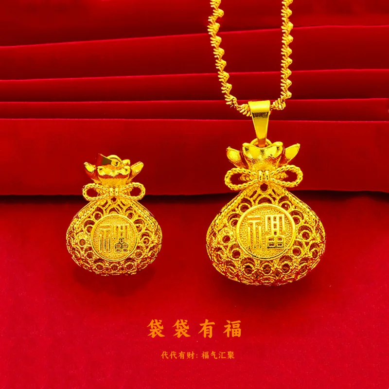 Women hollow filigree fortune bag pendant crafted of AU999 24K pure gold, vintage hollow craft gold pendant for women matching