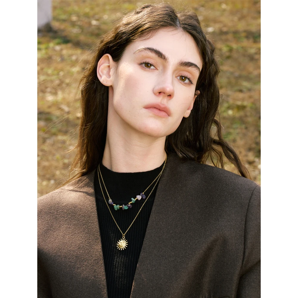 Yhpup 2025 Natural Stone Double-Layer Chain Sun Pendant Necklace for Women 316L Stainless Steel Handmade Jewelry Gift