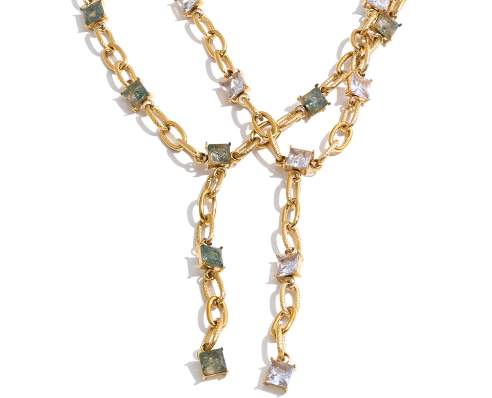 Yhpup Neue Edelstahl-Halskette mit Zirkonia-Glas-Quadrat-Y-Kette, modischer, glamouröser, esthetischer Abschlussball-Schmuck – Detail 2