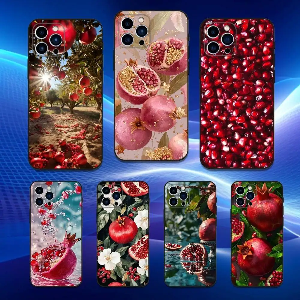 

Fruit Art Pomegranate Phone Case For iPhone 16,15,14,13,12,11 Plus,Pro Max,XS,X,XR,SE,Mini,8,7,Soft Silicone Black Cover