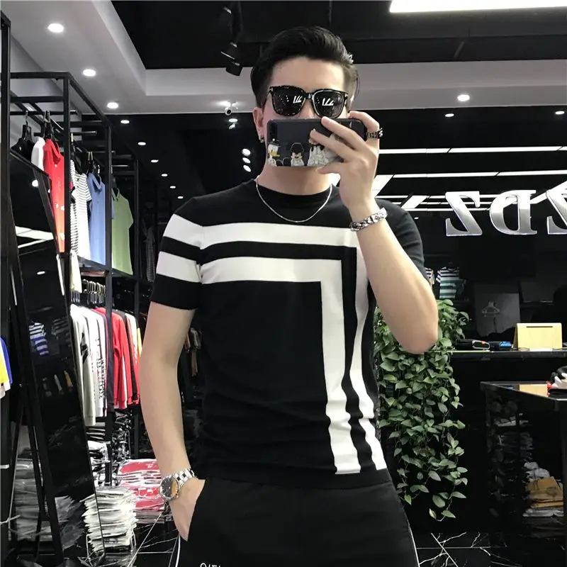 Summer Patchwork Ice Silk Knitted Shirt O-neck T-shirt Short Sleeve Tops Trend Men's Clothing Thin