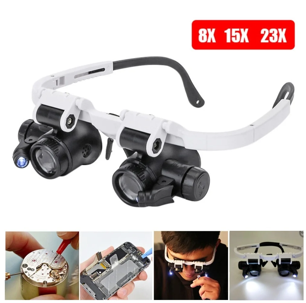 

Hands Free Magnifier Watch PCB Jewelry Antique Repaire Loupe Kit 8X 15X 23X Headworn Binocular Magnifying Glasses LED Light Tool