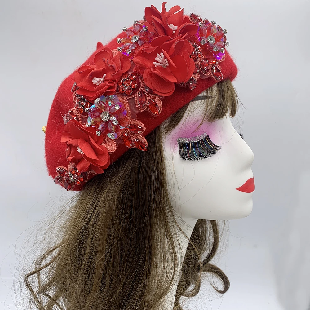 Winter Unique Designer Berets for Women Luxury Rhinestone Bouquet Turban Cap Exaggerated Painter Hat Female Winter Headpiece