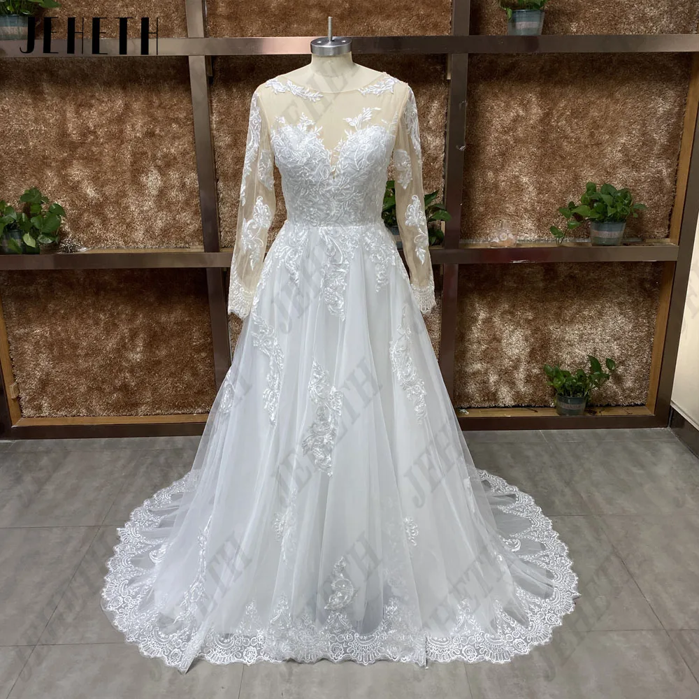 Свадебное платье с длинными рукавами Illusion Tulle vestidos de noviaЖенское ТРАПЕЦИЕВИДНОЕ свадебное платье JEHETH, элегантное кружевное платье из фатина с длинными рукавами, осень